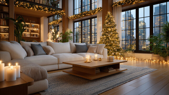 Cozy Christmas Interior: An inviting living room radiates warmth, adorned with a twinkling Christmas tree and ambient candlelight, creating a serene holiday atmosphere.