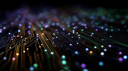 Cyber Circuit: Abstract representation of a complex circuit board, showing data transfer and digital network connection. It evokes a sense of futuristic technology and innovation.