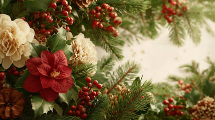 Festive Flora: A close-up view of a vibrant arrangement of seasonal flora, with sprigs of evergreen boughs, holly leaves and blooming flowers, symbolizing the spirit of the occasion.