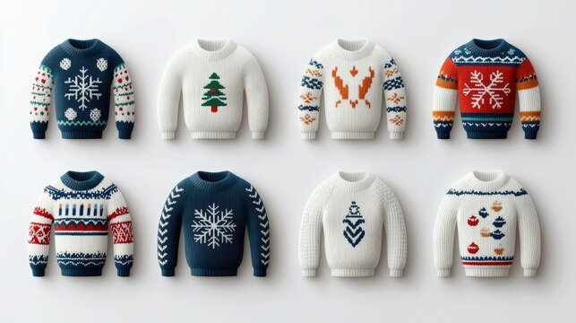 A studio shot of a collection of eight Christmas sweaters with various festive designs, including snowflakes, Christmas trees, and other holiday patterns, arran