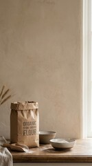 Organic stone ground flour bag placed on wooden table beside ceramic bowls, with soft natural light illuminating the rustic kitchen environment and enhancing the warm textures