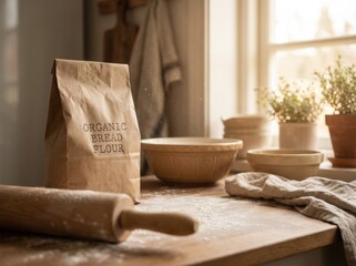 Brown paper bag labeled organic bread flour sits on a rustic wooden table surrounded by bowls, a rolling pin, and flour dust, creating a cozy baking atmosphere