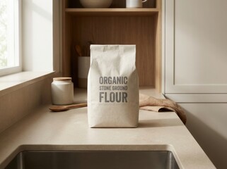 Organic stone ground flour bag displayed on a kitchen countertop, surrounded by wooden utensils and minimalistic decor, creating a warm and inviting cooking atmosphere