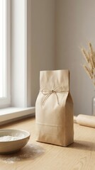 Brown paper bag filled with flour, tied with twine, placed on wooden kitchen table beside a bowl of flour and rolling pin, creating a cozy baking atmosphere