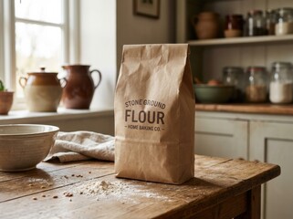 Brown paper bag of stone ground flour placed on rustic wooden table in cozy kitchen, surrounded by pottery and jars, showcasing home baking essentials and warm ambiance