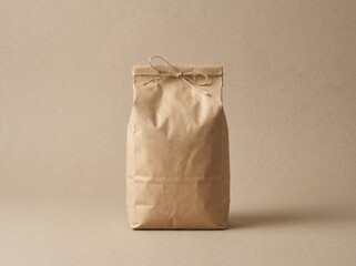 Brown paper bag tied with twine sits on a neutral background, showcasing a minimalist design that emphasizes eco-friendly packaging and natural materials for sustainable products