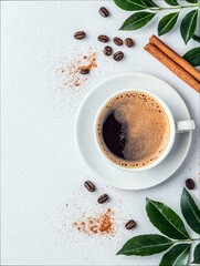 A top-down view of a cup of coffee on a saucer, surrounded by coffee beans, cinnamon sticks, and green leaves, all set against a white background.