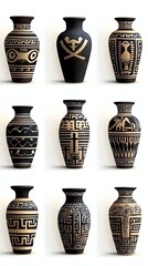 A collection of nine decorative vases with black and tan ancient Greek inspired designs against a white background.