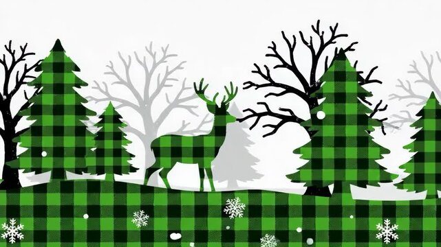 Buffalo Plaid Christmas Deer in Winter Forest.
