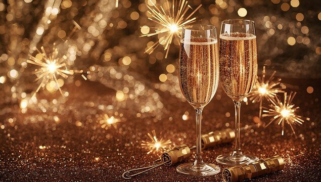 Celebrate New Year's Eve with sparkling champagne flutes and dazzling sparklers, creating magical moments for festive gatherings and elegant events