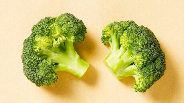 Bright green broccoli florets rest symmetrically on a soft yellow surface. The natural light accentuates their healthy colors, creating an inviting atmosphere perfect for nutritious dishes - Powered by Adobe
