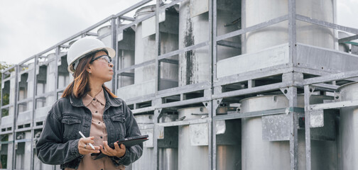 A woman wearing a hard hat and glasses inspects industrial storage tanks, holding a clipboard and taking notes. She appears focused on her task in a large facility