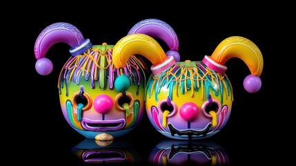 Two colorful, decorative clown sphere figures with bright colors and dripping details, set against a black background.