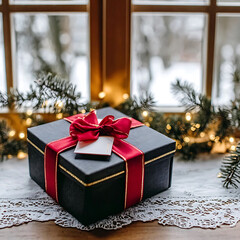 Stylish gift box with red ribbon and blank tag resting on a white lace tablecloth near a window decorated with festive garland and twinkling lights, symbolizing holiday giving