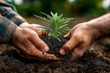 Close Up of Farmers Hands Planting Young Green Seedling in Soil. Concept of New Life and Growth