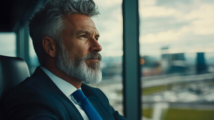 Successful mature businessman with grey beard in suit looking reflectively out of high-rise office window at city skyline, contemplating future strategies and leadership