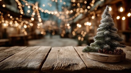 Empty Wooden Table Top with Small Christmas Tree and Snow. Blurred Festive Bokeh Lights Background