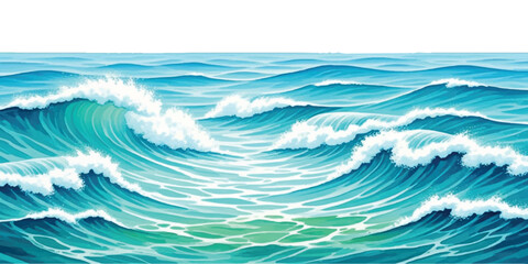 Stylized turquoise ocean waves with white foam crests rolling forward isolated on white background ©  Designer