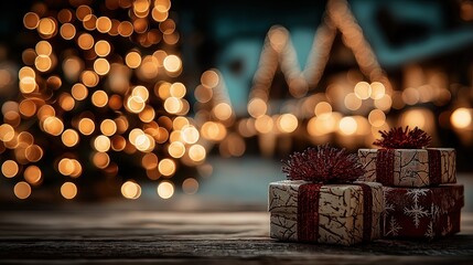 Empty Wooden Table Top with Small Christmas Tree and Snow. Blurred Festive Bokeh Lights Background