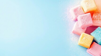 Close-up shot of colorful marshmallows dusted with powdered sugar, arranged on a blue background. The image has soft lighting and a cheerful mood.