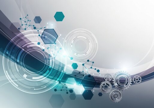 Abstract futuristic technology background with geometric shapes and digital elements in blue and green tones