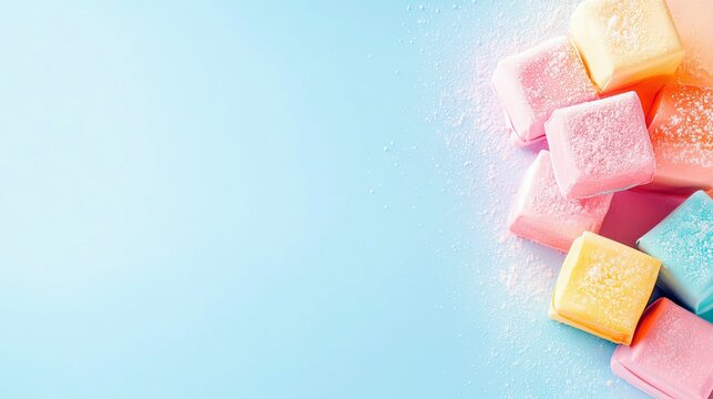 Close-up shot of colorful marshmallows dusted with powdered sugar, arranged on a blue background. The image has soft lighting and a cheerful mood. - Powered by Adobe