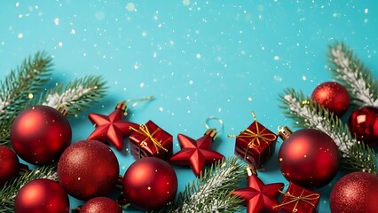 Bright red glass Christmas baubles and gold ornaments decorate a tree for a seasonal winter holiday celebration, background with copy space