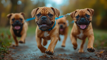 Lively group of four fawn-colored bulldog mix puppies, with blue collars and leashes, happily bounding towards camera on rustic dirt path in natural outdoor setting