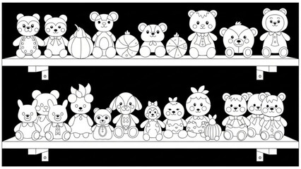 A charming collection of diverse cartoon teddy bears and other stuffed animals displayed neatly on two black shelves perfect for children s illustrations and designs