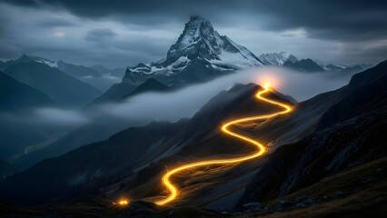Fototapeta premium Glowing Golden Path Winding up a Dark Mountain Peak with Snowy Summit and Dramatic Clouds. Success, Journey, Challenge, Ambition, Technology, Data Flow, and Concept of The Way