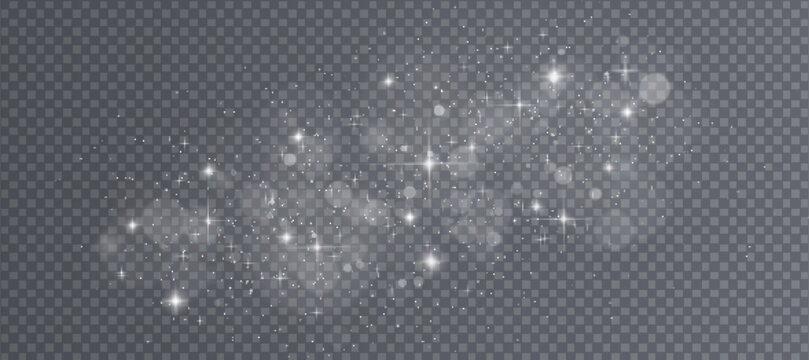 White bokeh light particles isolated on transparent background. Vector realistic illustration of glitter trail with shimmering magic fairy dust, sparkling snow effect, holiday confetti twinkle