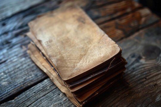 Old, worn books stacked on a weathered wooden table evoke a sense of history, knowledge, and nostalgia