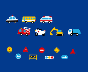 働く車と交通小物のセットイラストです。 © KIMA