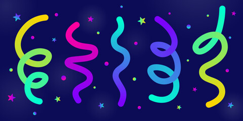 Abstract banner with twisting colorful ribbons and confetti. Cute serpentine for New Year, carnival and party invitation, greeting card, birthday, victory celebrations, and holiday decoration. Vector