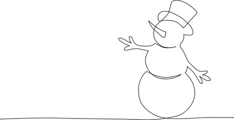 Single line drawing of a cheerful snowman in a top hat with outstretched arms Vector