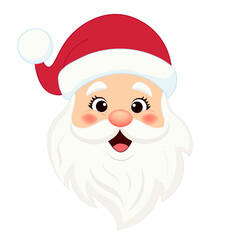 Happy smiling Santa head, isolated on a transparent background. Santa Claus face with a big white beard and a red hat. PNG and Vector illustration