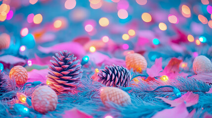 Dreamy close-up of colorful Christmas lights, vibrant pink leaves, and charming pinecones nestled among mystical blue evergreen needles, creating whimsical holiday scene.