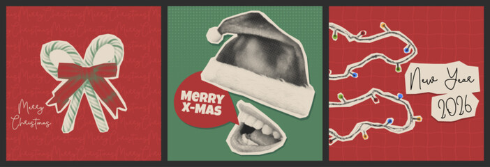 Fototapeta premium Retro Christmas collage set with halftone paper cutout art - candy canes tied by ribbon and bow, Santa hat and mouth with speech bubble on green background, garland lights with New Year 2026 note.