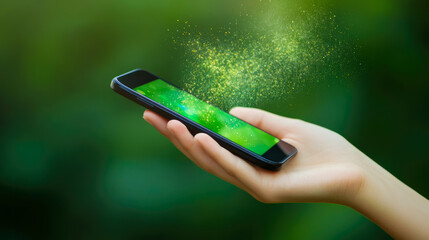Hand gently holds modern smartphone with vivid green display, from which brilliant green and golden particles radiate upwards like digital energy or magic, set against soft, lush bokeh of natural gree