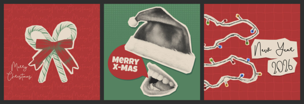 Fototapeta Retro Christmas collage set with halftone paper cutout art - candy canes tied by ribbon and bow, Santa hat and mouth with speech bubble on green background, garland lights with New Year 2026 note.