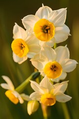 Fototapeta premium Daffodils in soft light showing delicate petals and bright yellow centers in a natural setting