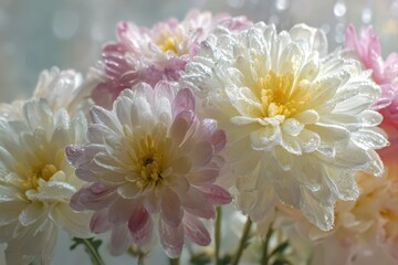 Intimate bouquet of chrysanthemums with dew on petals and warm tones