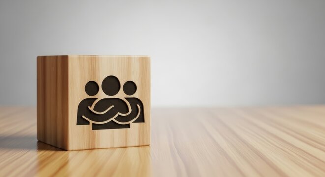 Team unity and collaboration symbolized by wooden block with group icon on polished desk surface, representing supportive workplace culture, partnership and strong relationships

