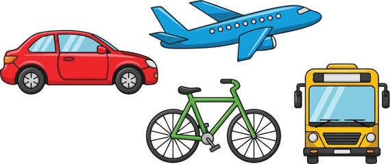 Cartoon illustration depicting a plane car bicycle and yellow school bus