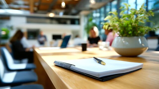 Low-angle shot of a faceless person sitting at a communal table with a notebook, bright airy coworking interior softly blurred, with copy space