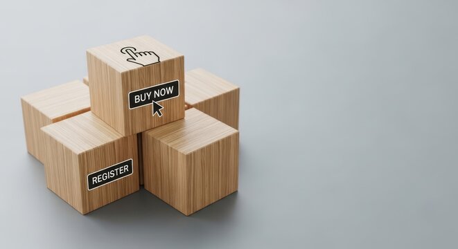 Ecommerce call to action concept with wooden blocks stacked together showing buy now button and shopping icons on grey background for online conversion and sales strategy

