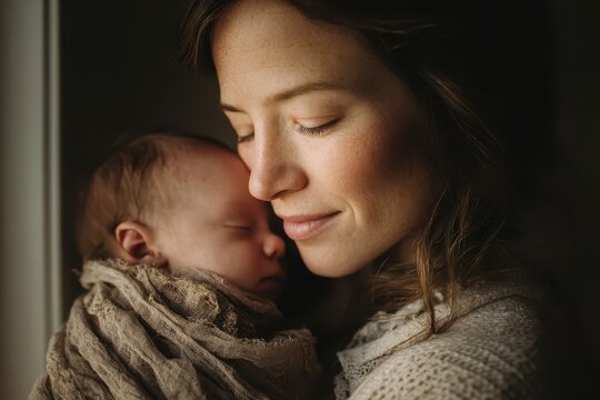 Intimate portrait of a mother embracing her newborn in calm, cozy light - Powered by Adobe