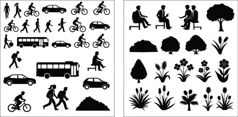 Silhouettes of people vehicles trees and plants in a graphic design
