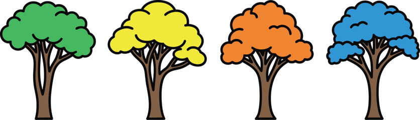 Four colorful trees in a row each with distinct foliage hues