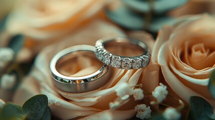 Luxury Diamond Wedding Rings on Peach Rose Petals Cinematic Macro Close Up
